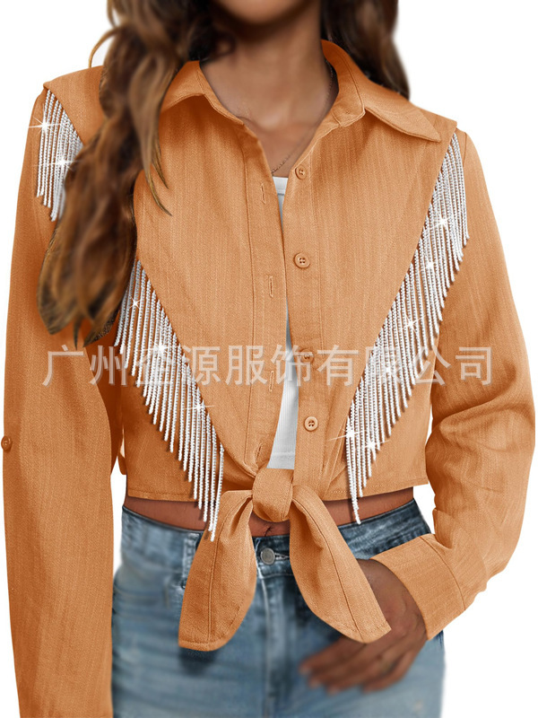 跨境欧美2025亚马逊秋季新款长袖流苏衬衫翻领纯色短款系带衬衣女|undefined