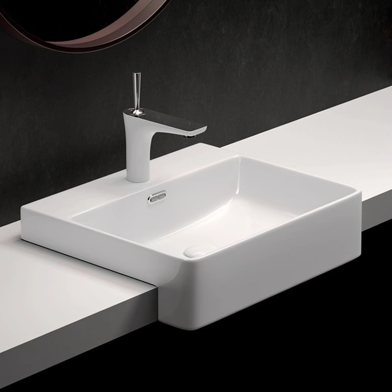 Semi-Embedded Countertop Basin Hotel Semi-Hung Basin Ceramic Basin Bathroom Wash Basin Square Narrow Countertop Wash Basin