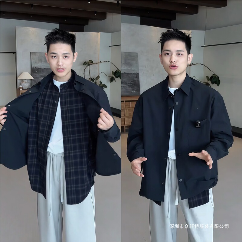 Spring and Summer Designer Style Faux Two-Piece Trendy Shirt Jacket for Men, American-Style Cool and Versatile Oversized Casual Turn-Down Collar Jacket Spring and Summer Designer Style Faux Two-Piece Trendy Shirt Jacket for Men, American-Style Cool and Versatile Oversized Casual Turn-Down Collar Jacket