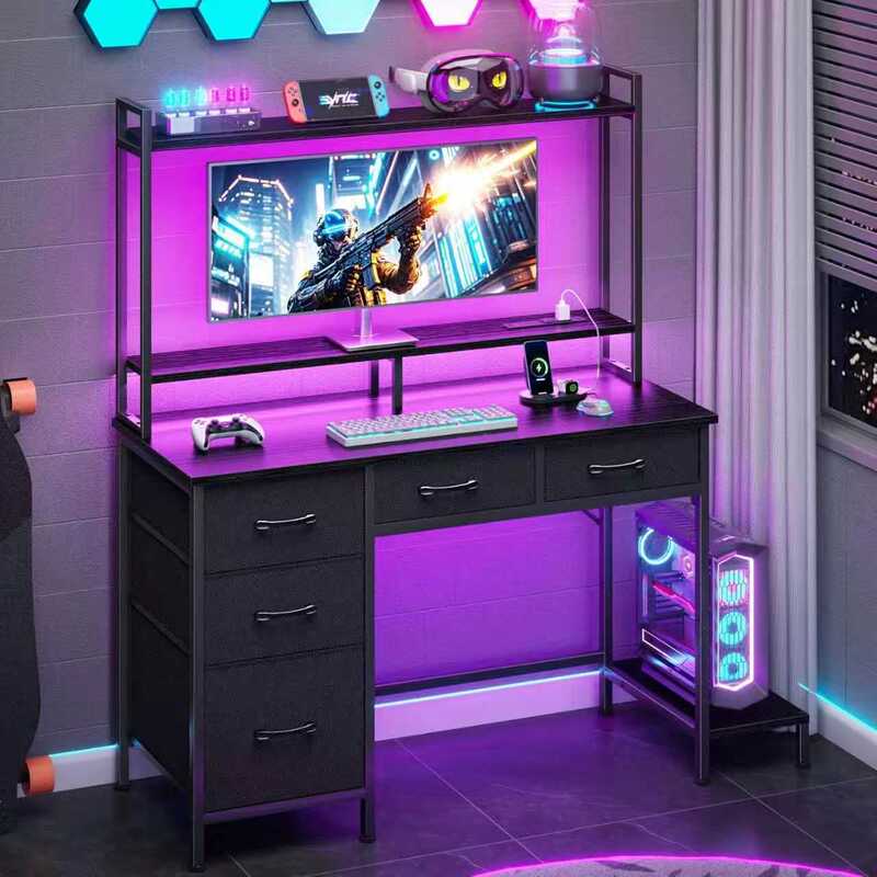 Home Desk Computer Desk Workbench Student Desk Bedroom Study E-Sports Room E-Sports Table with Plug-In Lamp and Storage Cabinet