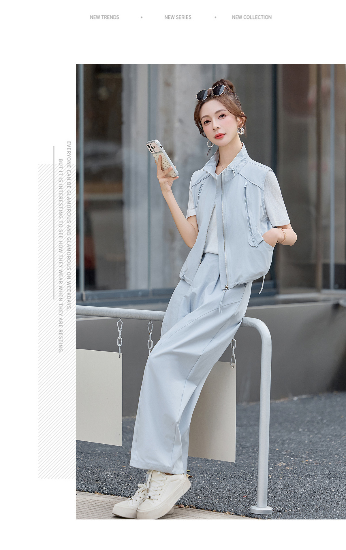 Bộ ba mảnh nữ gồm áo thun cổ tròn, áo vest cổ đứng và quần ống rộng phối đồ thanh lịch — màu xanh nhạt, màu xanh đậu chi tiết 13