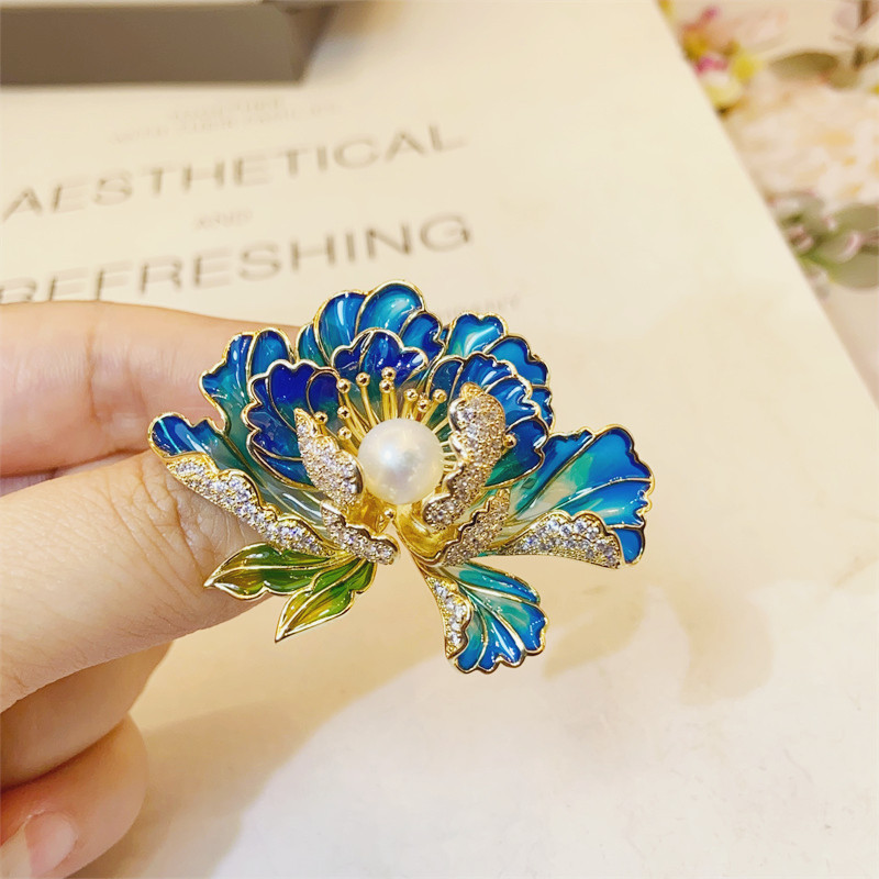 Classical Enamel Peony Flower Brooch Natural Freshwater Pearl Exquisite High-grade Chinese Style Cheongsam Hanfu Accessories Pin