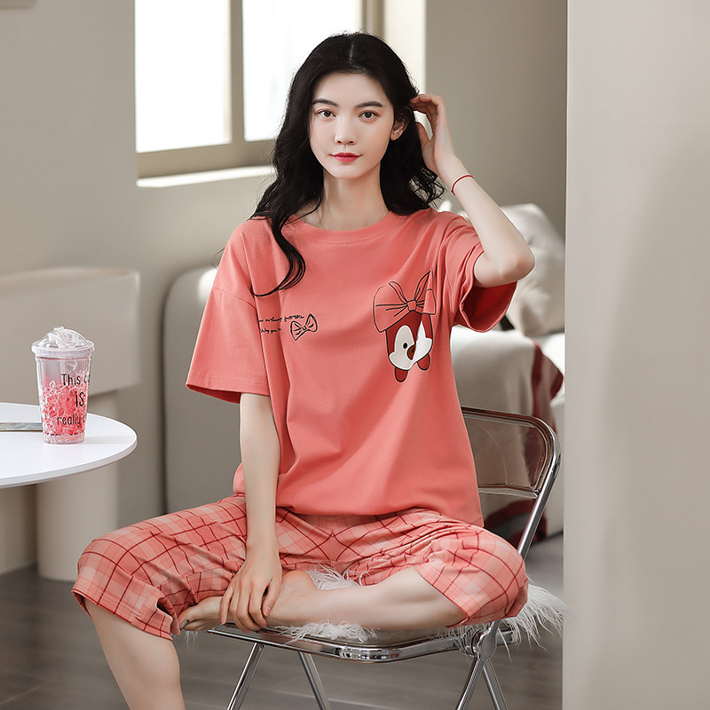 New Summer Pajamas Women's Cotton Sweet Korean Short-sleeved Cropped Pants suit Home Clothes Wholesale Store Quality
