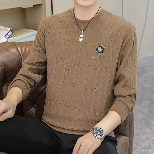 High-end Men's Crew Neck Loose Fit Long Sleeve T-Shirt with Embroidery for Spring and Autumn, Trendy Casual Top