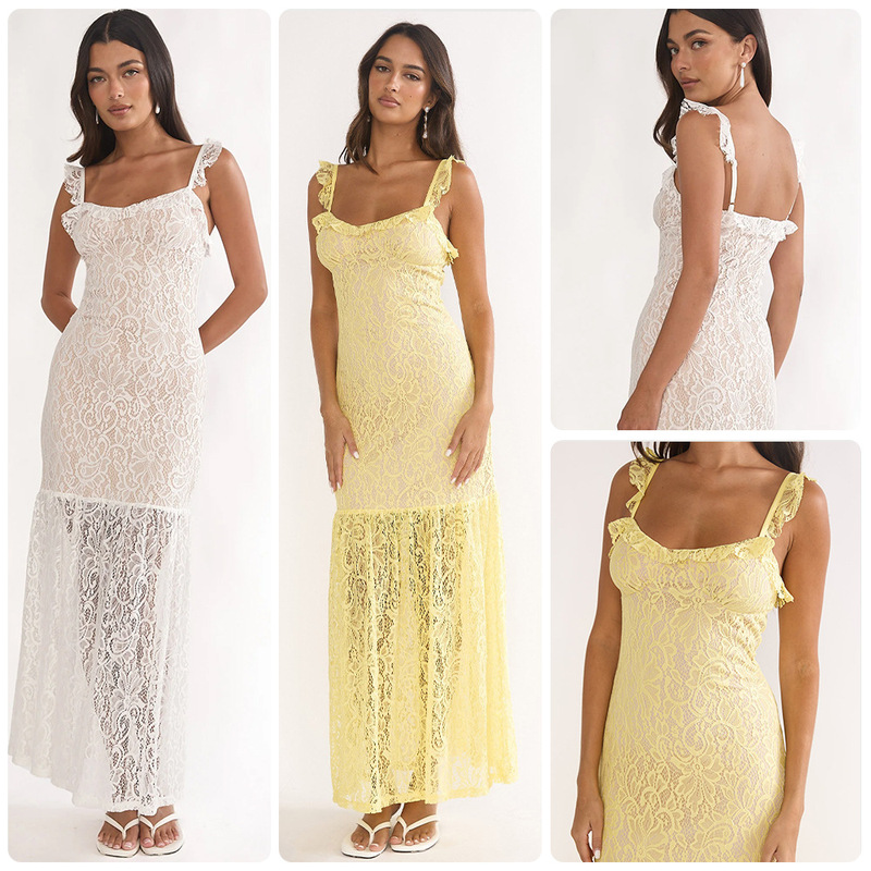 Moonlight Venus Solid Color Heavy Lace Square Neck Women's Long Dress Elegant Ruffle Strap Splicing Slim Fit Dress