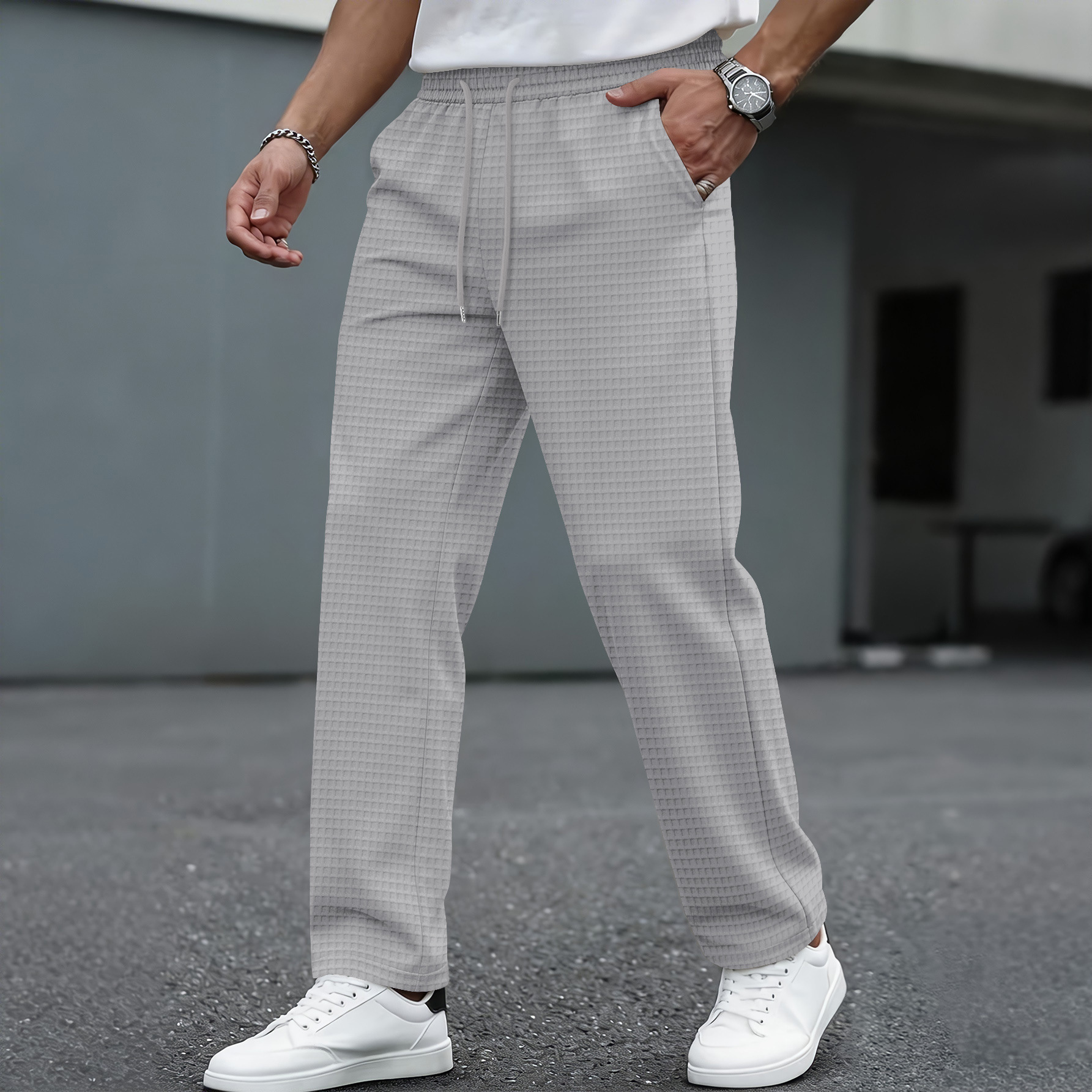 Men's Large Checkered Casual Sportswear Trousers Belted Waist Wide Leg Midweight Polyester Long Pants Black Gray Solid Color_viptrois.com