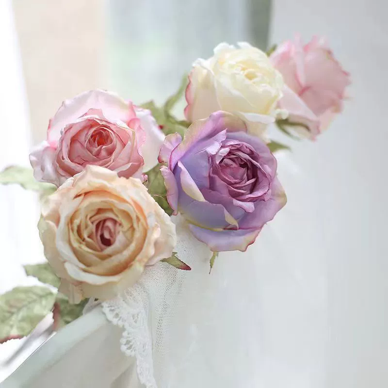 [ vintage rubber edge rose artificial flower high living room dining table decor fake flower TV cabinet display photo prop ]