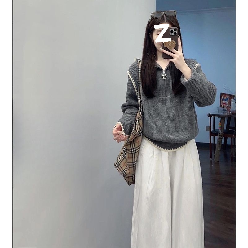 深秋初冬搭配一整套设计感短款半拉链高领拼接上衣高腰裤子两件套|undefined