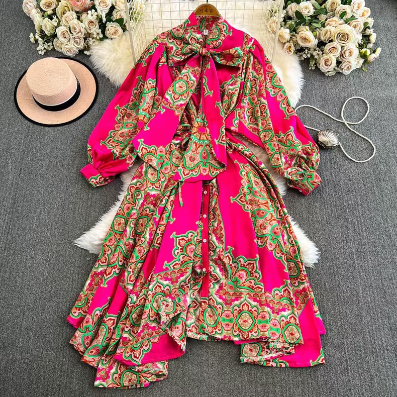 (2개) 유럽과 미국의 국경 간 무슬림 중동 인쇄 대형 나비 넥타이 벨트 랜턴 소매 긴 원피스