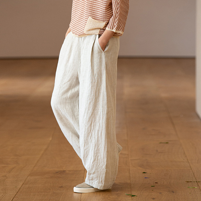 2025 New Women's Clothing Very Wide Hemp Mixed Linen Breathable Literary Casual Loose Solid Color Long Bloomers