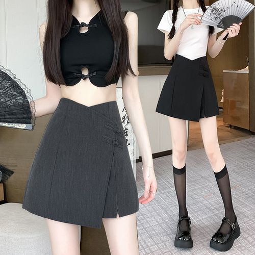 Summer Kingdom Retro Hip-Hugging Semi-Skirt A-Line Skirt with Side Slits, High-Waisted Asymmetrical Design, Fashionable and Versatile, Slimming A-Line Skirt