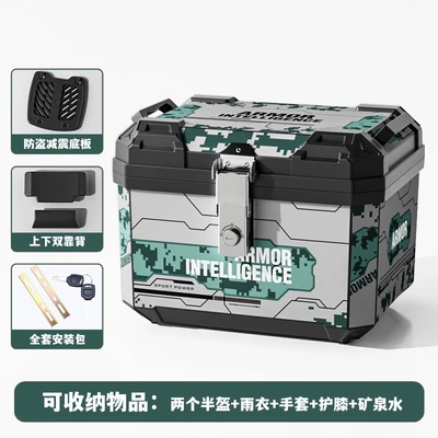 Motorcycle trunk | delivery, not made of aluminum alloy - backrest-model-48l-forest-camouflage-with-shock-absorbing-base-and-mounting-accessories