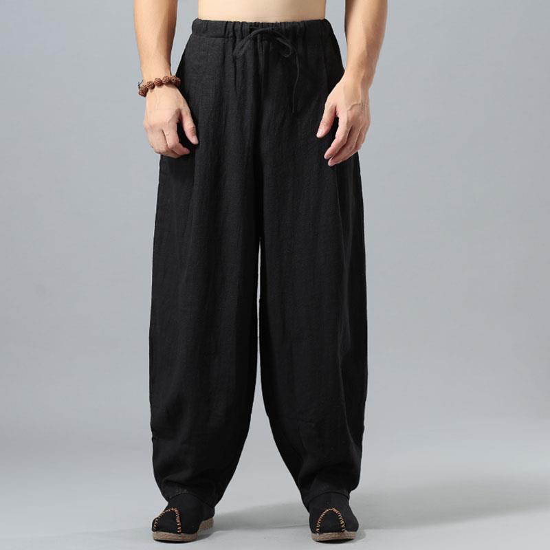 Meditación de verano de algodón y lino para hombres, ropa de lino de estilo étnico chino, pantalones largos de pierna ancha Zen, hombres