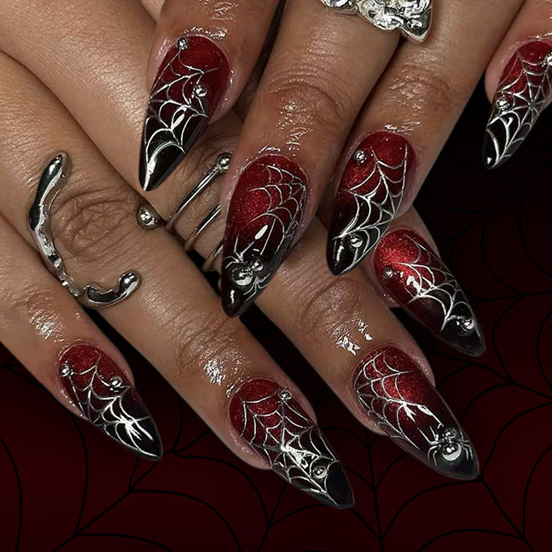 24 Pieces of Halloween New Gradient Dark Red Loose Powder Handmade Wearable Nails Spider Web Almond Manicure Patches Wholesale