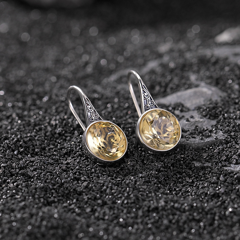 Bông tai bạc S925 đính đá thạch anh tím citrine họa tiết đường cỏ hình học phong cách retro — Mô hình Citrine