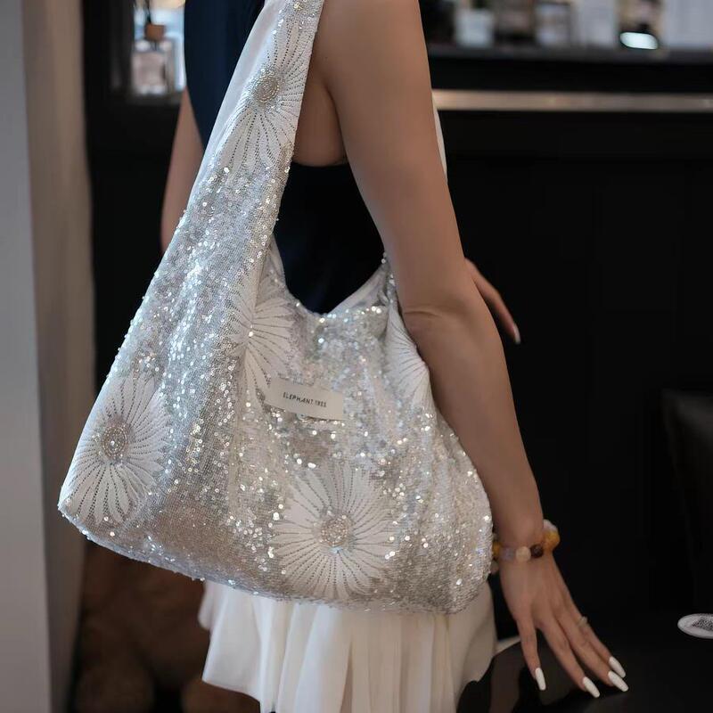 2026 Spring Original Style Daisy Sequin Single-Shoulder Underarm Canvas Bag Large Hobo Bag Large Capacity Bag