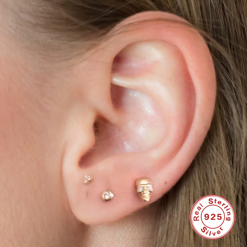 Fashion Skull Sterling Silver Inlay Zircon Ear Studs 1 Piece