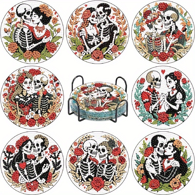 Ventas transfronterizas calientes de 8 piezas de conjunto de cojín de taza de arte de diamante, con soporte, pequeño conjunto de pintura de diamante, adecuado para adultos