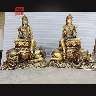 Xiangshi Manufacturer Wholesale Brass Manjushri and Samantabhadra Bodhisattva Statues for Buddhist Temple Offerings and Huayan Three Saints Statue Ornaments Supply