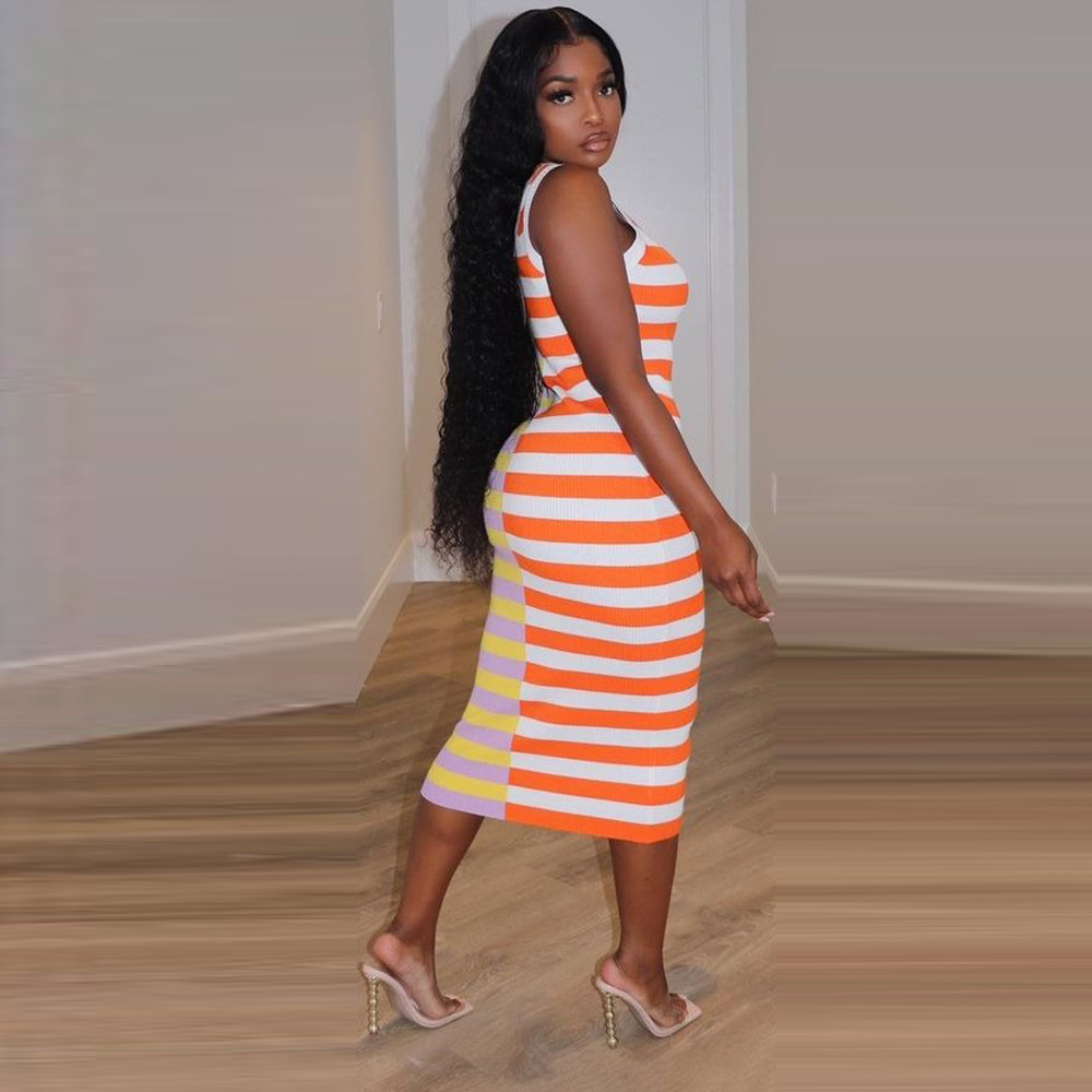 Summer Women Clothing Striped Printed round Neck Sleeveless Sexy Dress
