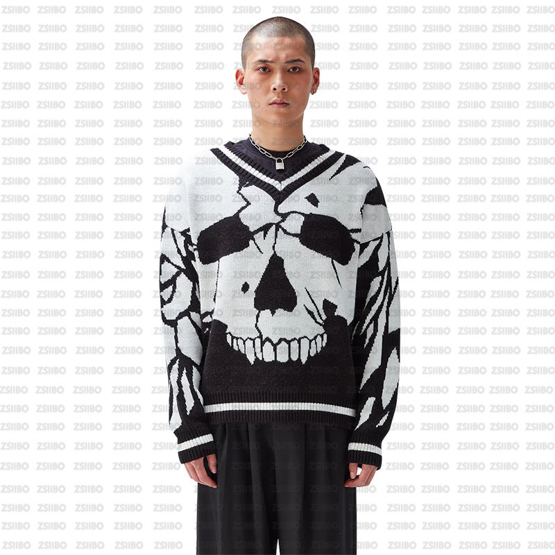 Men's Clothing casual lazy style pullover sweater for men and women funny skull jacquard knitted sweater_voghion.com