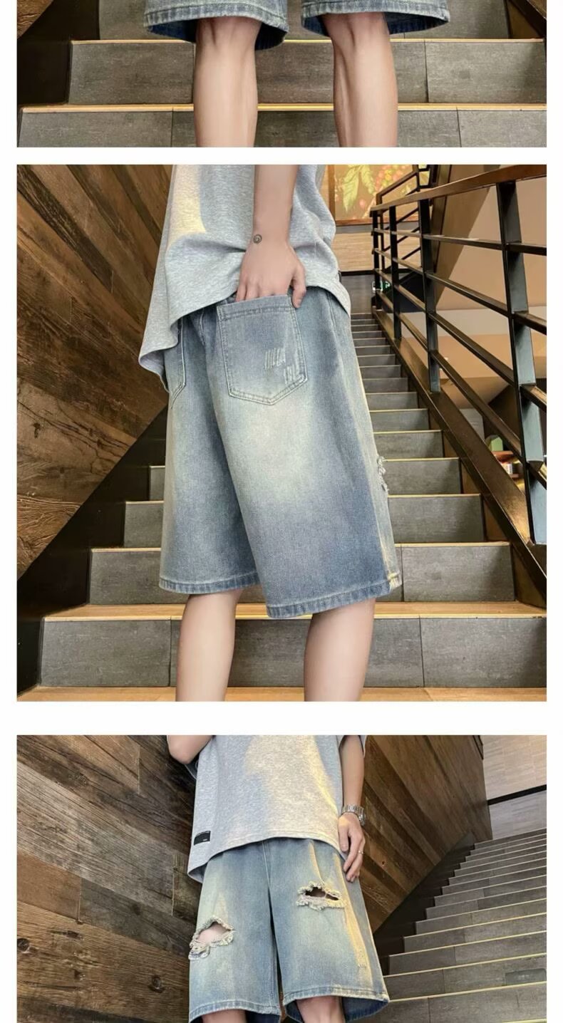 Men's Clothing Men's Trendy Casual Ripped Wide Leg Capri Pants High Street Washed Distressed Denim Shorts Summer Style_viptrois.com