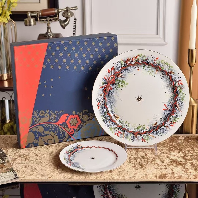 Christmas and New Year Bone China Gold-Plated Ceramic Dinner Plate Set Luxury Steak Plate 10inch Plate Series