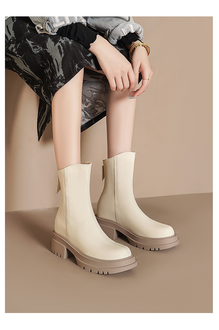 White Ankle Boots For Women Thick Sole Elastic Slim Fit Autumn_voghion.com
