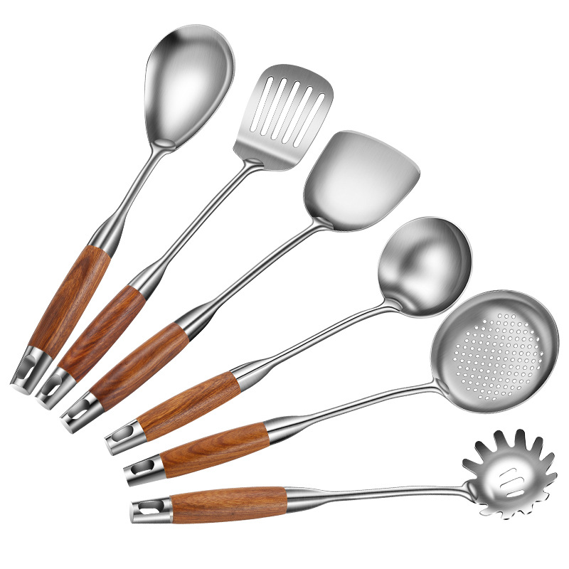 304 espátula de acero inoxidable utensilios de cocina traje de cocina pala hogar palo de rosa mango de madera cuchara de sopa de acero inoxidable colador freír pala