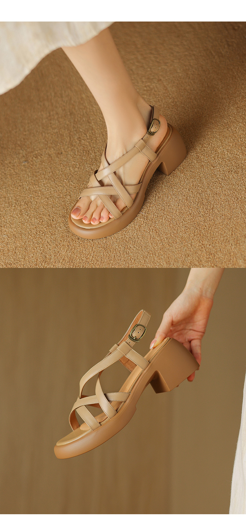 Sandal nữ quai ngang da bò đế xuồng gót cao phong cách La Mã — nâu chi tiết 12