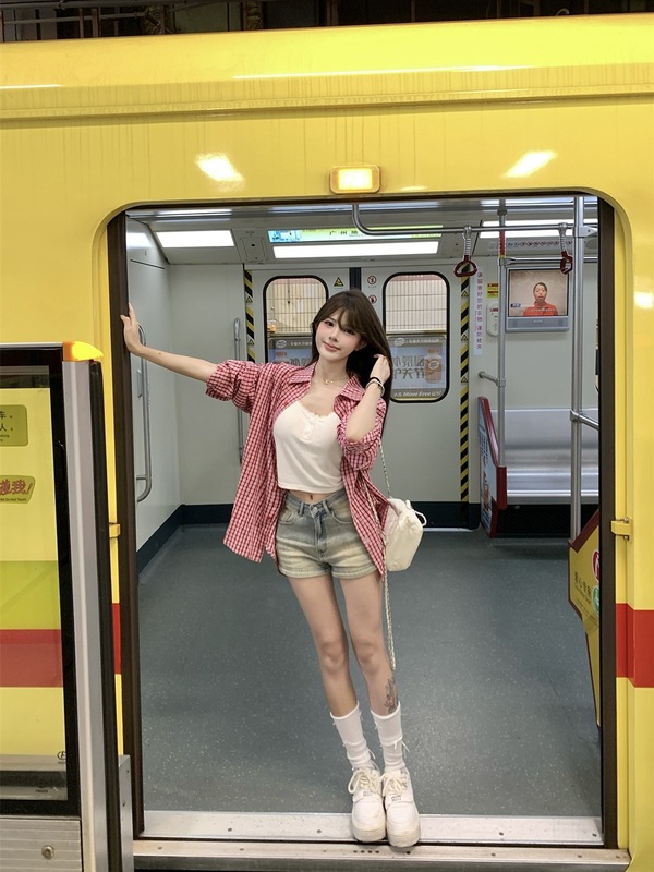 复古红色格子衬衫女装早秋慵懒风长袖POLO领衬衣宽松休闲开衫上衣|undefined