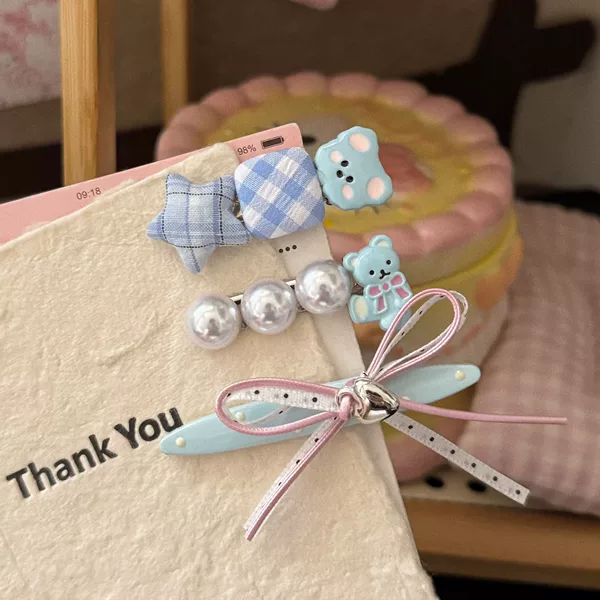 Summer Fresh Cream Blue Bear Plaid Star Hair Clip Cartoon Sweet Girly Style Duckbill Clip Hairpin Hair Accessory