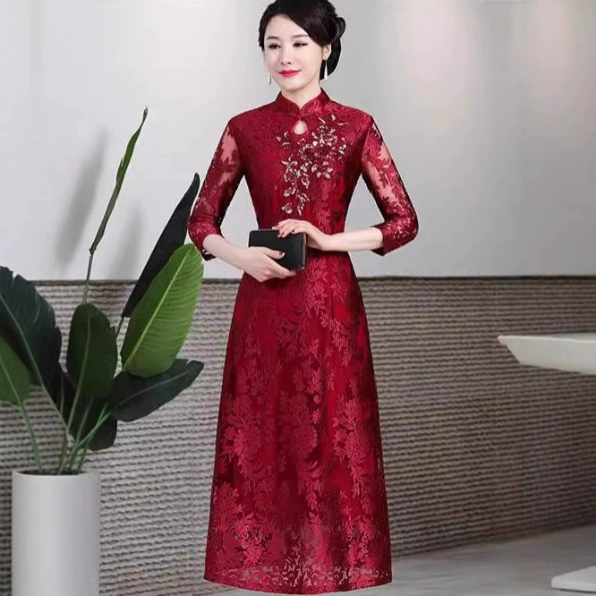 Кружевной чонсам длинный модный ретро вышитый свадебный тост