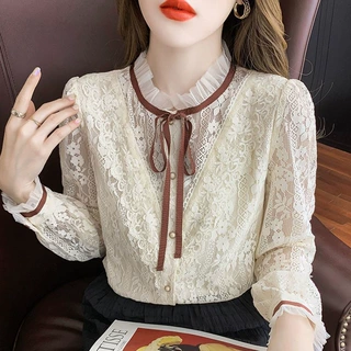 蕾丝打底衫女春秋新款洋气上衣超仙气质百搭修身显瘦大码女装小衫