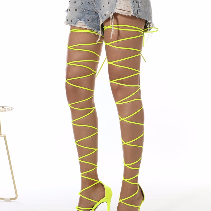 European and American New Long Super-beautiful Strap Brilliant Yellow Pink High-heeled Women's Fashion Sandals 138-7A