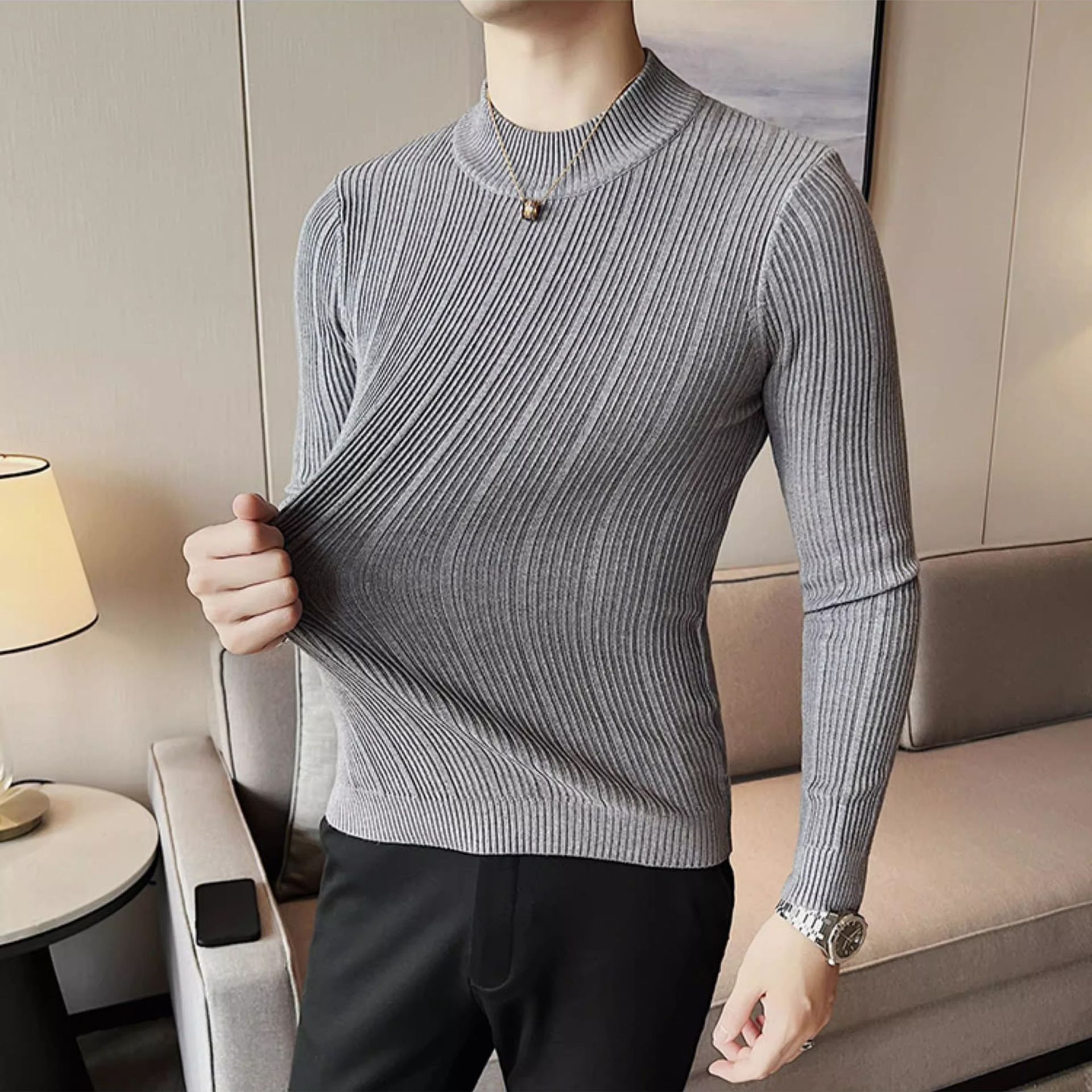Camiseta de punto de cuello de media altura camiseta de manga larga hombre viejo dinero estilo de negocios delgado color sólido en primavera y otoño fábrica transfronteriza al por mayor