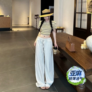 文艺复古亚麻阔腿裤女低腰夏季薄款垂感亚麻休闲直筒麻料抽绳长裤