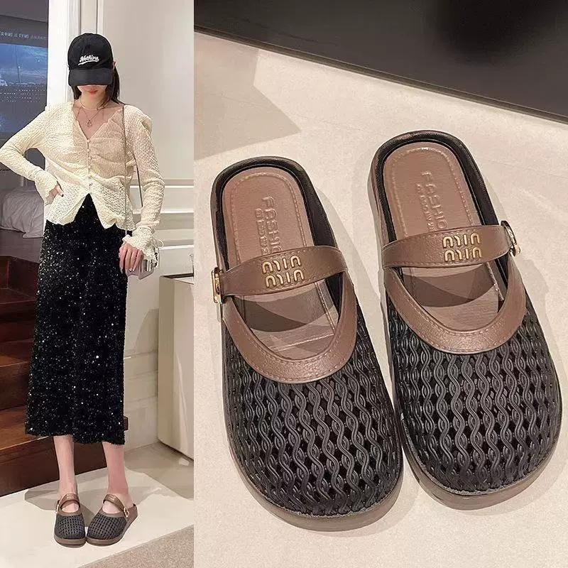 Женские летние сандалии 2025 года, плоские, с французским носком, полусабо, из сетчатой ткани, дышащие, на мягкой подошве.