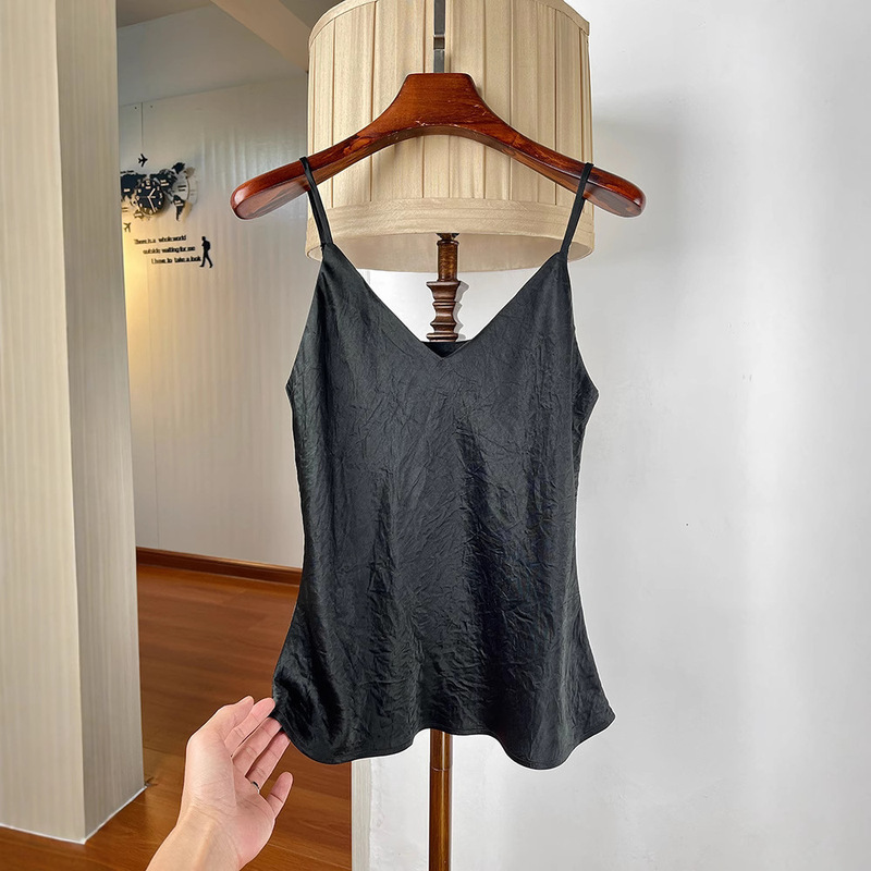 9 colors! Acetic Acid Pleated Texture Camisole Women's Inner Base V-Neck Slim-Fit Short Top Summer Thin