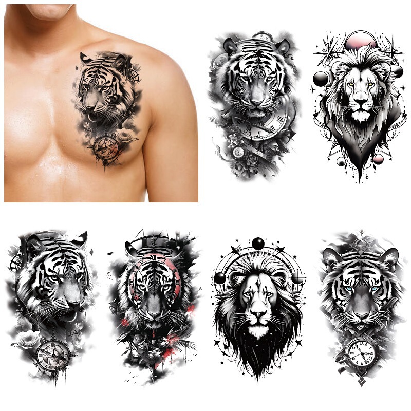 New Tiger Lion Men's Black Auspicious Animal Water Transfer Waterproof Disposable Cross-Border Set Tattoo Stickers