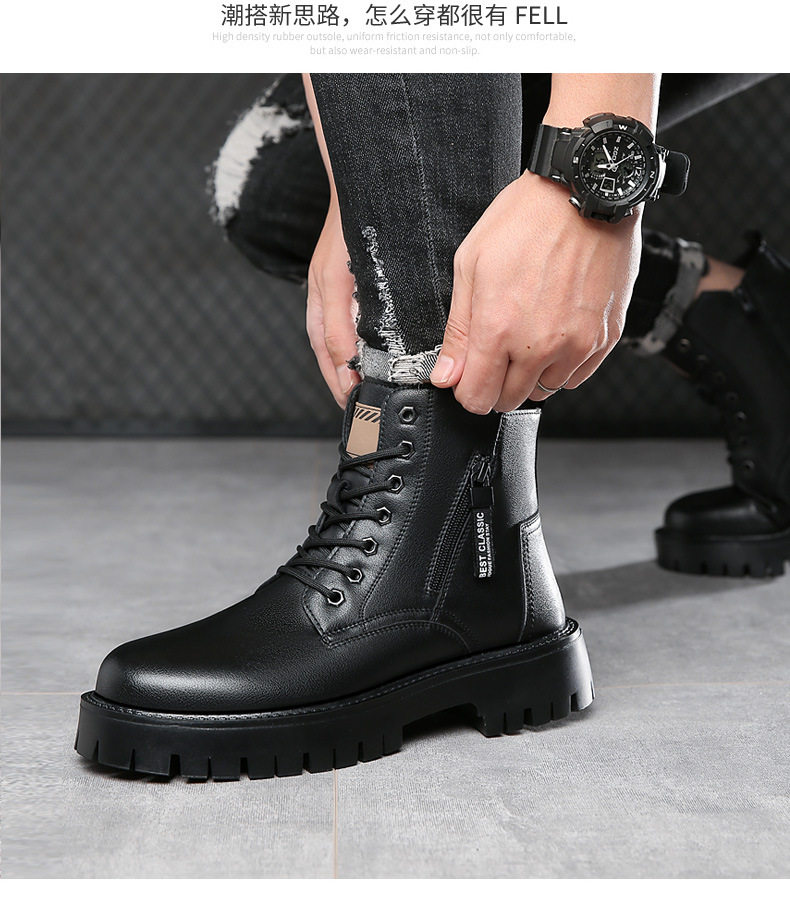 Giày bốt Martin nam da lộn cổ trung, gót 3–5 cm, lót lông giữ ấm, kiểu retro — Giày bốt đơn Q977 màu đen, Q977-1 plus nhung đen chi tiết 20