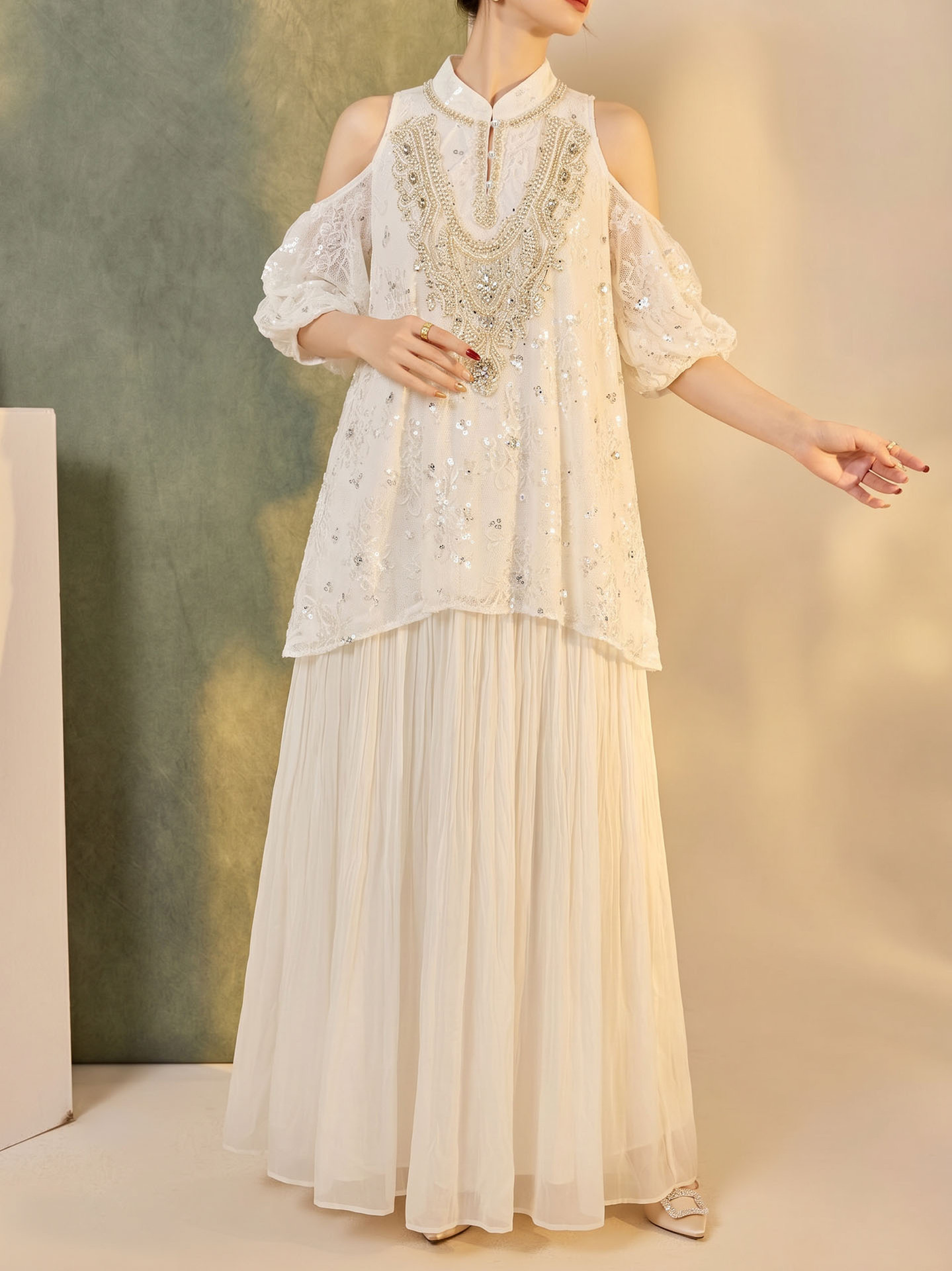 Đầm maxi tay bong bóng mở rộng vai — Tuyết Xanh, Aurora trắng