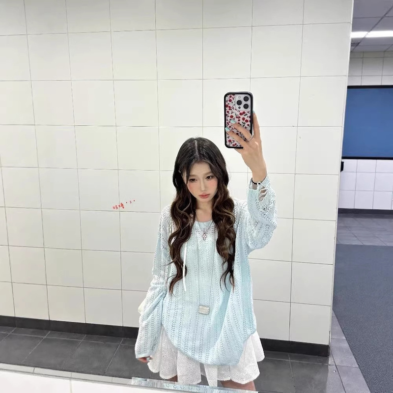 Blue Hollow-Out Knit Cardigan for Women, Summer 2026 New Design, Niche Chic Korean Style Long-Sleeve Top