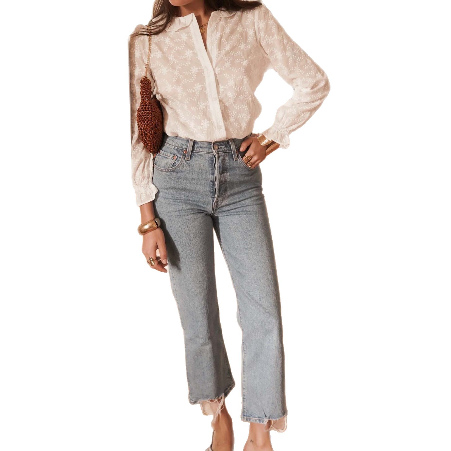 Comercio exterior Europa y América ropa de mujer primavera y otoño collar de loto francés camisa de algodón jacquard bordado camisa de temperamento de mujer