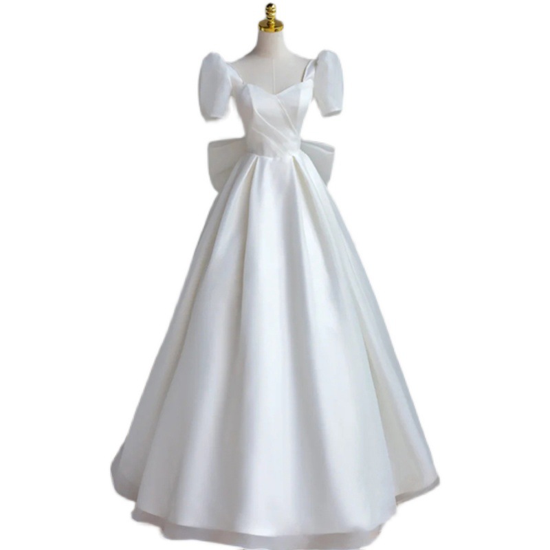 Vestido de novia de satén 2024 nueva luz nupcial vestido de boda principal estilo retro francés corte elegante simple piso de longitud hilo al aire libre image 6