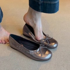 【在庫あり】ラウンドトゥ リボン フラットシューズ 浅口 万能 スリッポン フレンチバレエシューズ 女性用