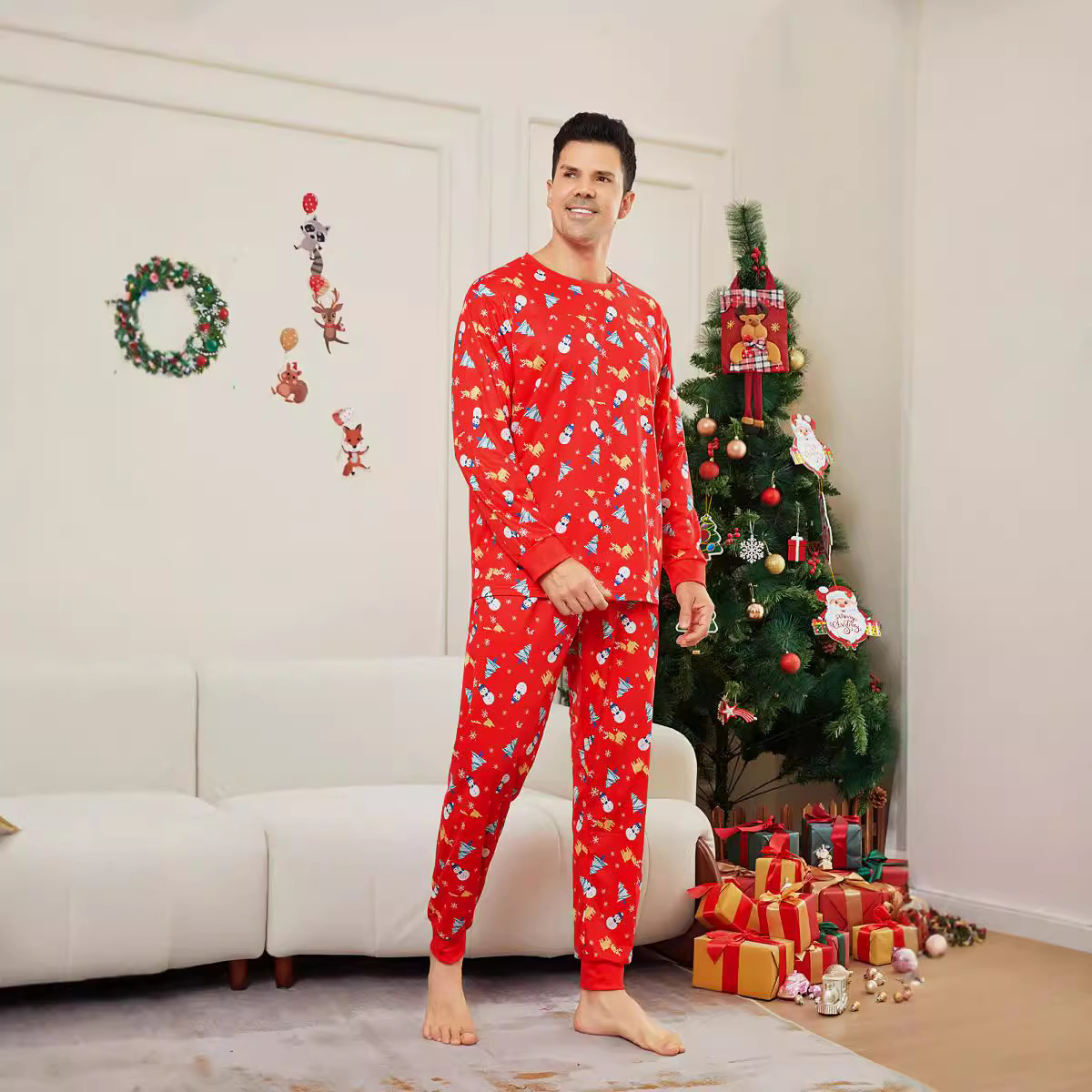 Christmas Snowman Snowflake Fawn Christmas family dress printed homestays pajamas_voghion.com