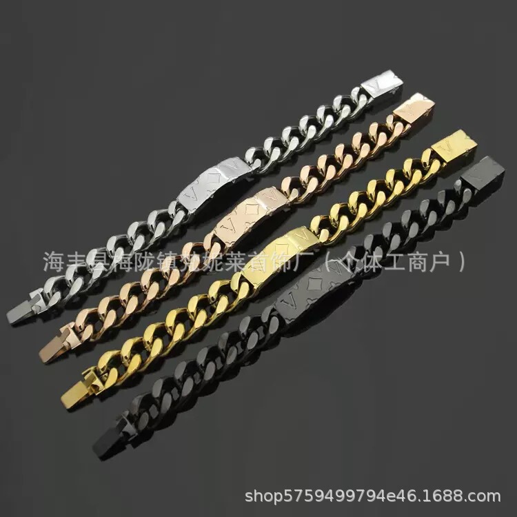 Titanium Steel Cowboy Donkey Bracelet Fashion Cuban Engraved Flower Letter Design Men's European and American Bracelet Cross-Border Direct Sales