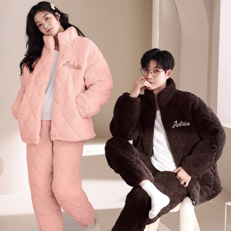 겨울 커플 잠옷 여성용 산호 양털 카디건 3 층 두꺼운 기모 플란넬 코튼 패딩 재킷
