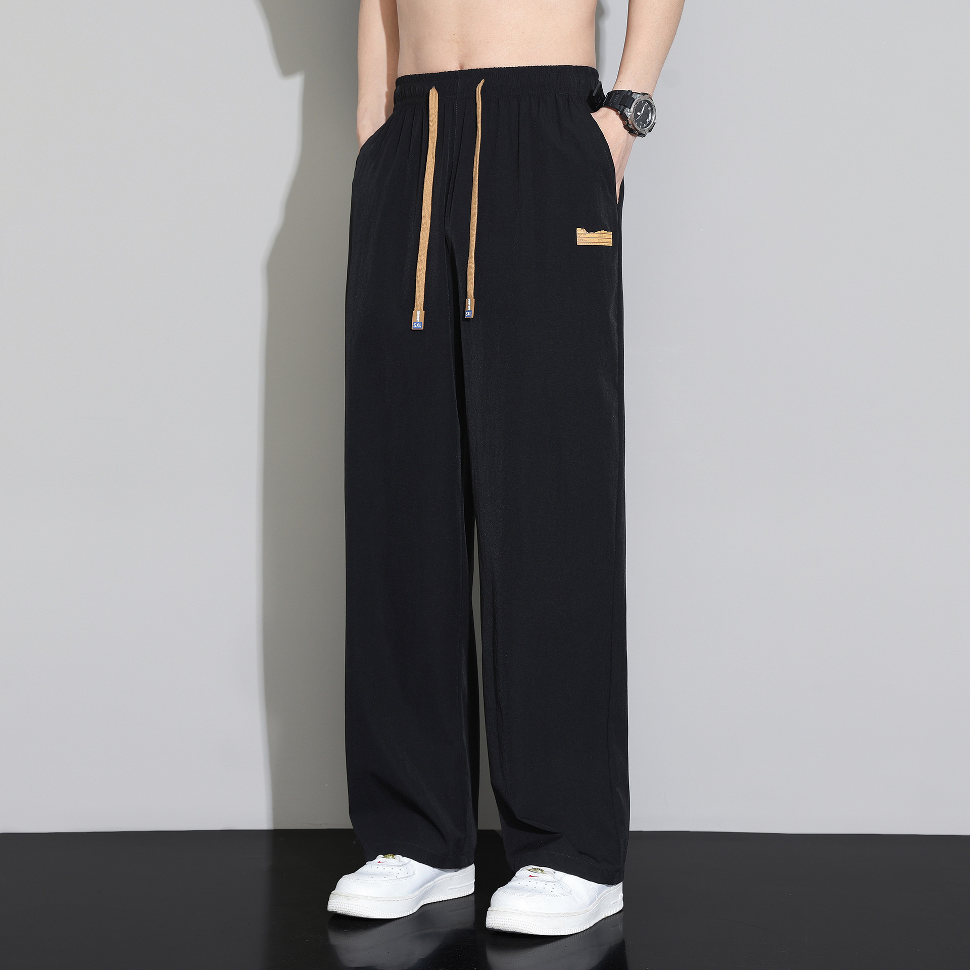Pantalones Casuales Rectos Drapeados para Hombre Seda de Hielo Transpirable Delgado Elástico para Ocio
